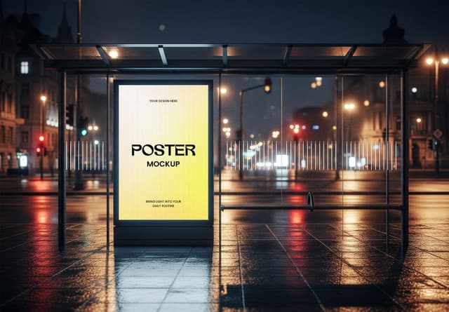 Realistic Night Bus Stop Poster Mockup Display