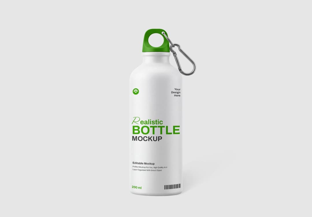 Realistic White Water Bottle Mockup With Carabiner