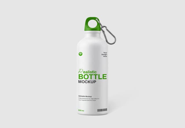 Realistic White Water Bottle Mockup With Carabiner