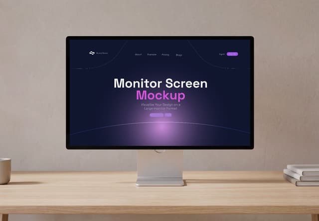 Realistic Monitor Screen Mockup on Wooden Desk