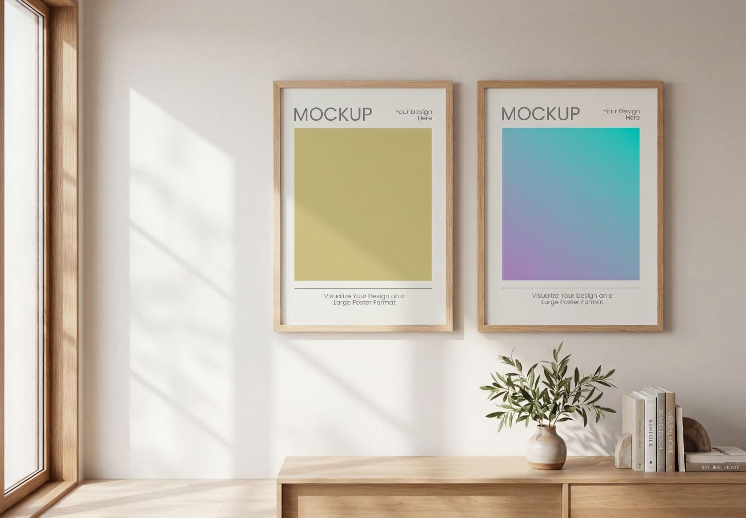 Realistic Wooden Frame Poster Mockup Interior Wall Display