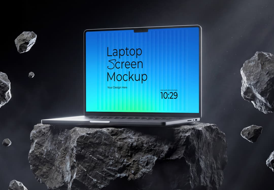 Laptop Mockup on Floating Asteroid