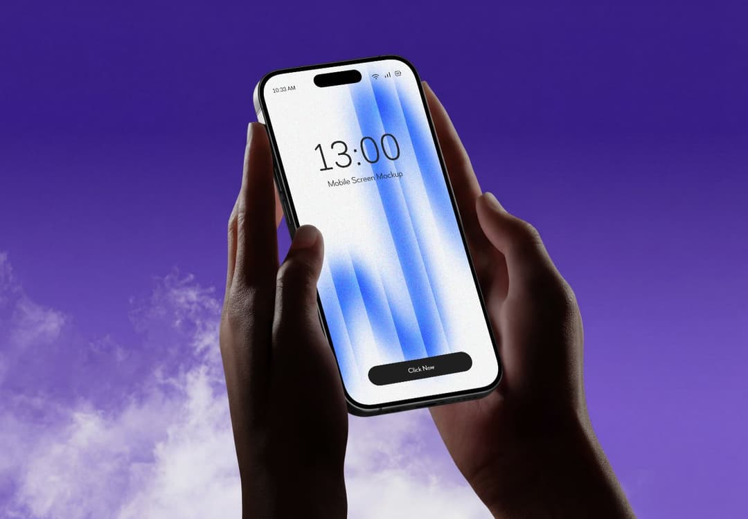 Smartphone Mockup Held in Hands Against Purple Sky Background