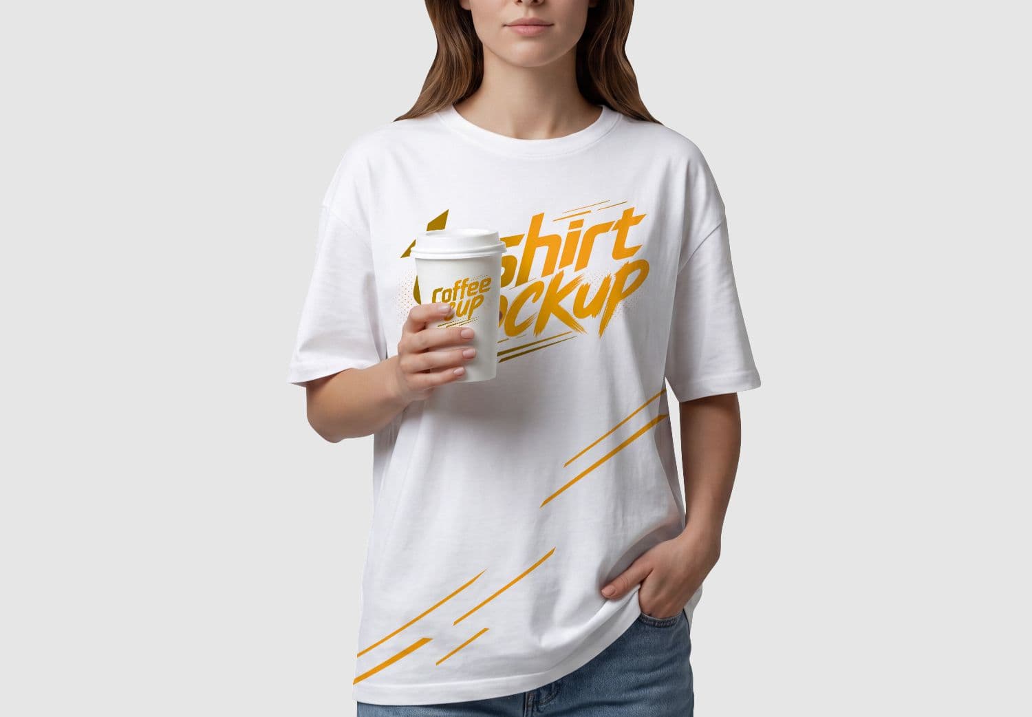 Women Oversized T Shirt Mockup With Coffee Cup