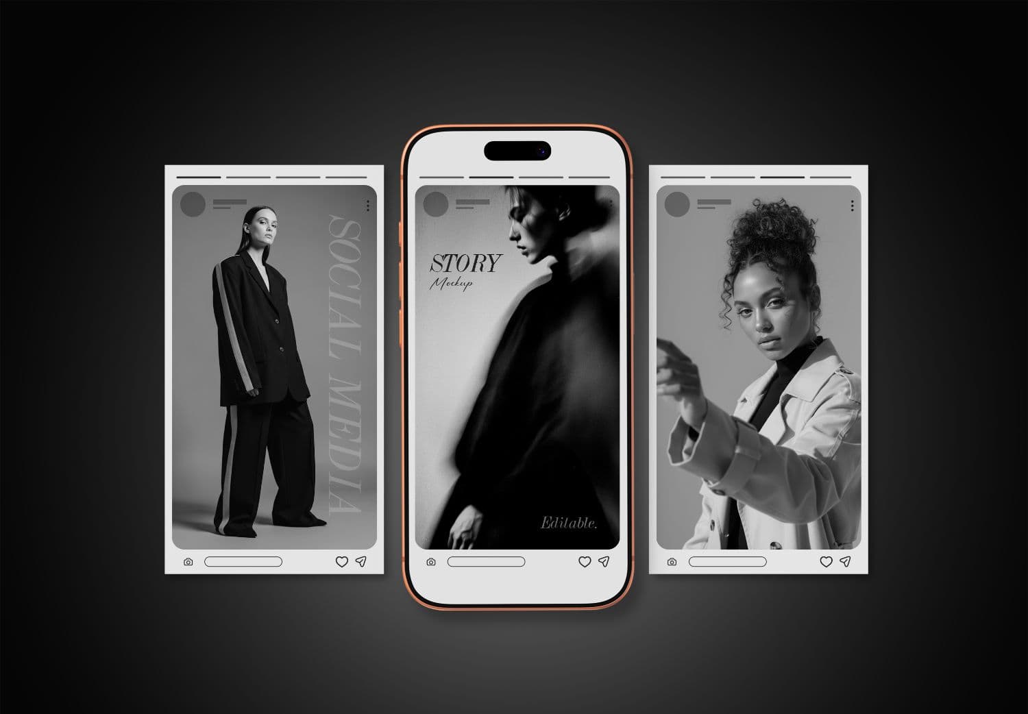 Triple Social Media Story Mockup with Central Smartphone