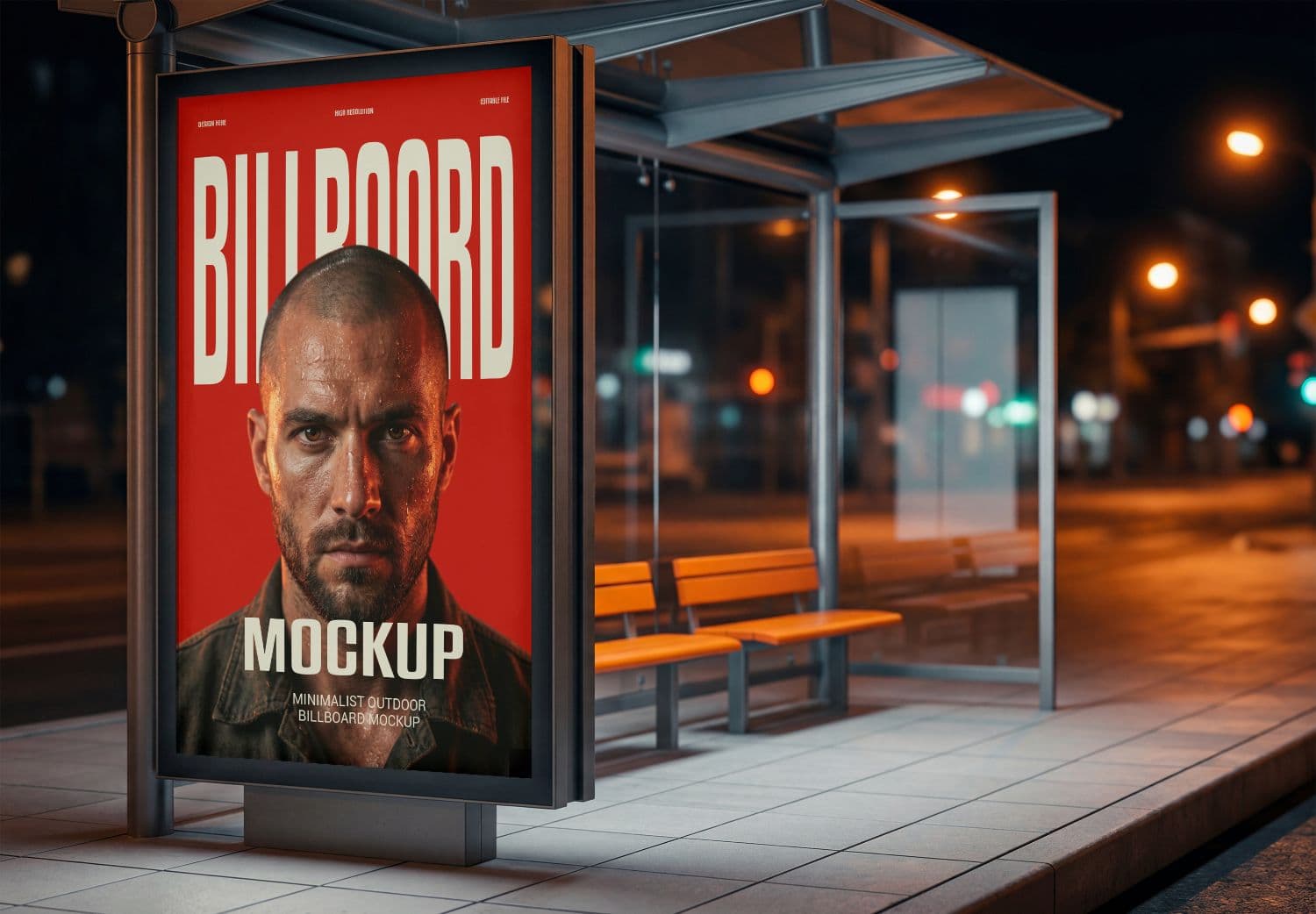 Realistic Bus Stop Billboard Mockup at Night PSD