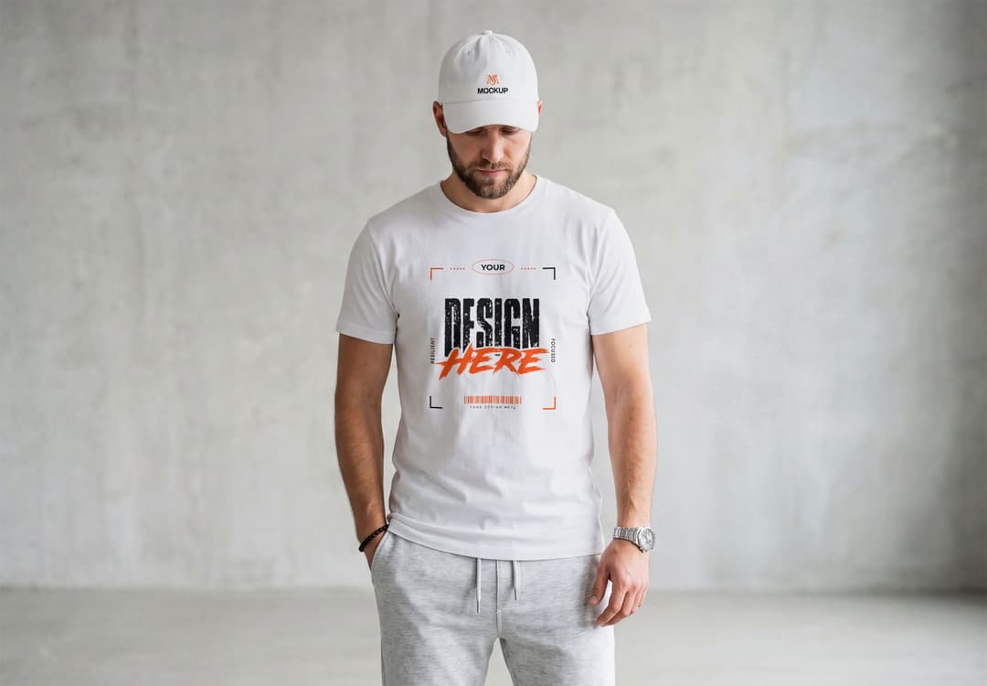 Realistic Male T-Shirt & Cap Mockup