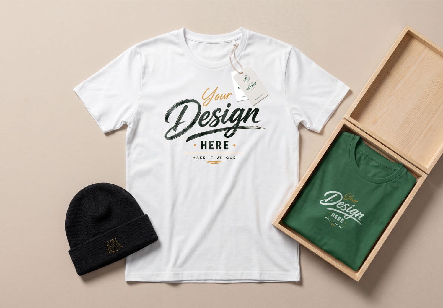 Apparel Branding Flat Lay Mockup with T-Shirt, Beanie & Boxed Shirt