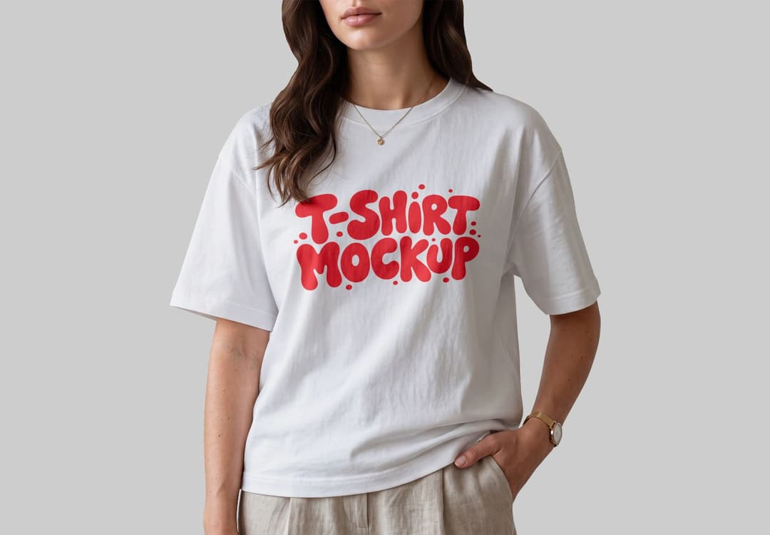 Realistic Woman Wearing T-Shirt Mockup PSD