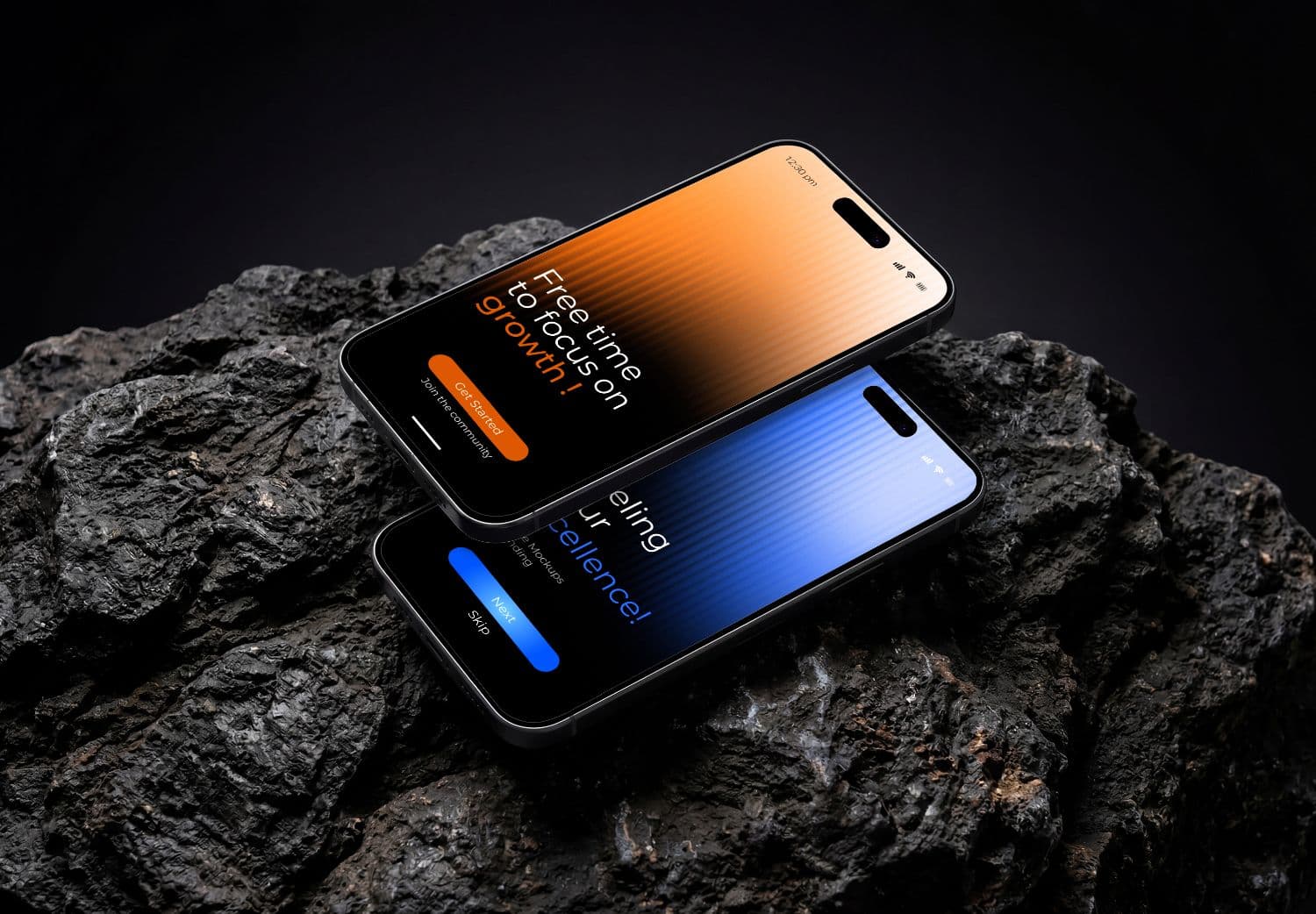 Dual Smartphone Screen Mockup on Dark Rocky Surface