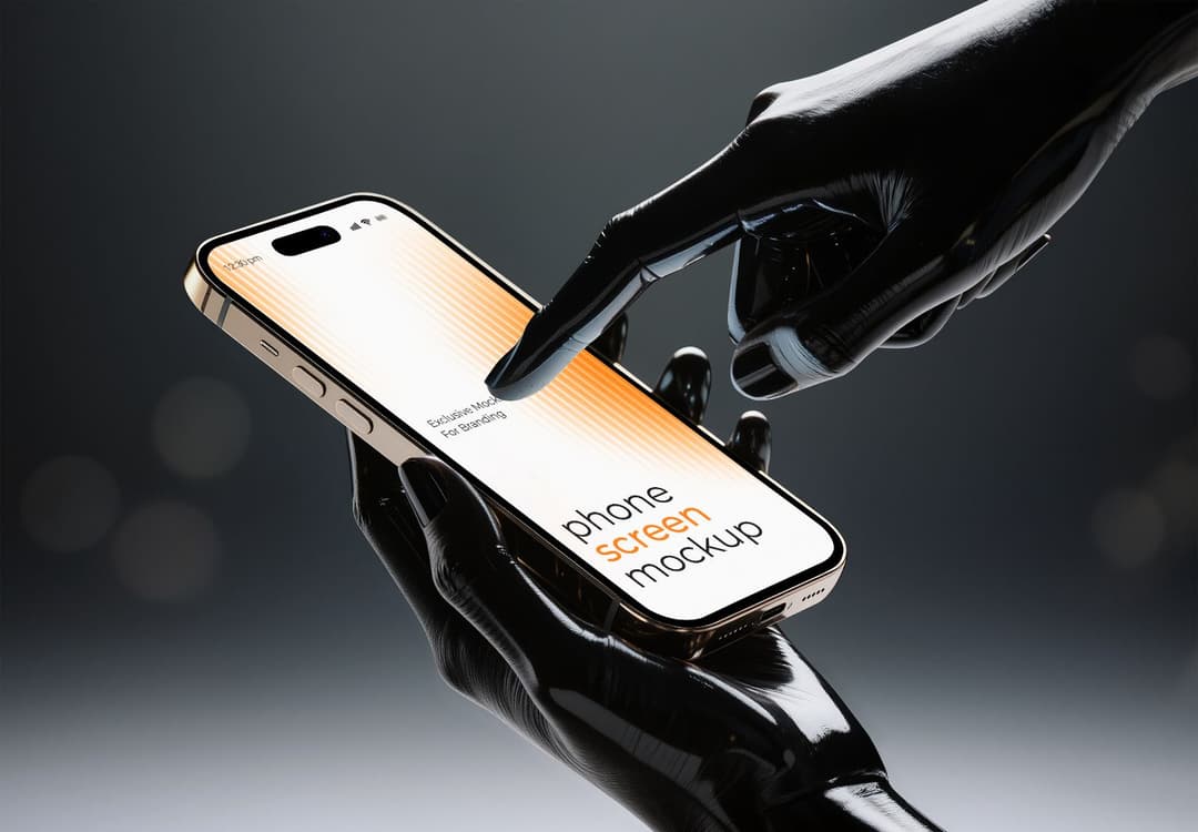Realistic Smartphone Screen Mockup Held in Glossy Black Gloves