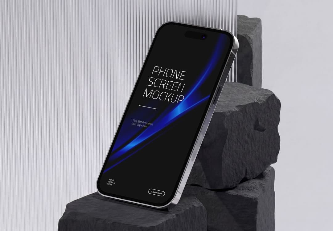 Realistic iPhone Screen Mockup on Stone Display Stand