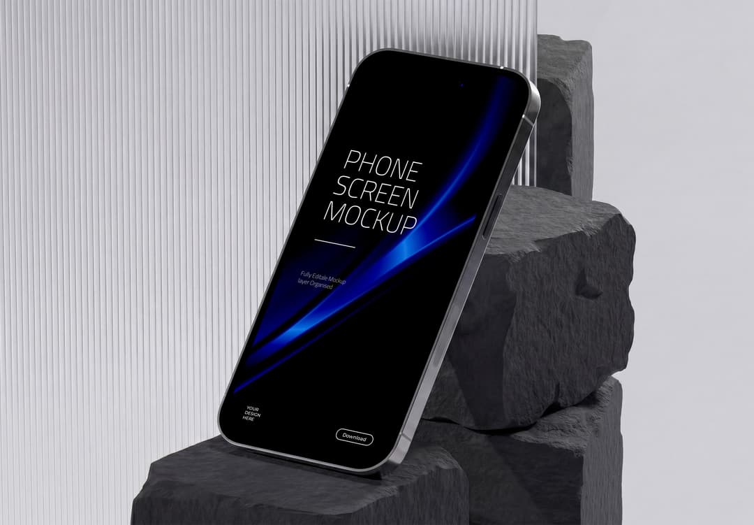 Realistic iPhone Screen Mockup on Stone Display Stand
