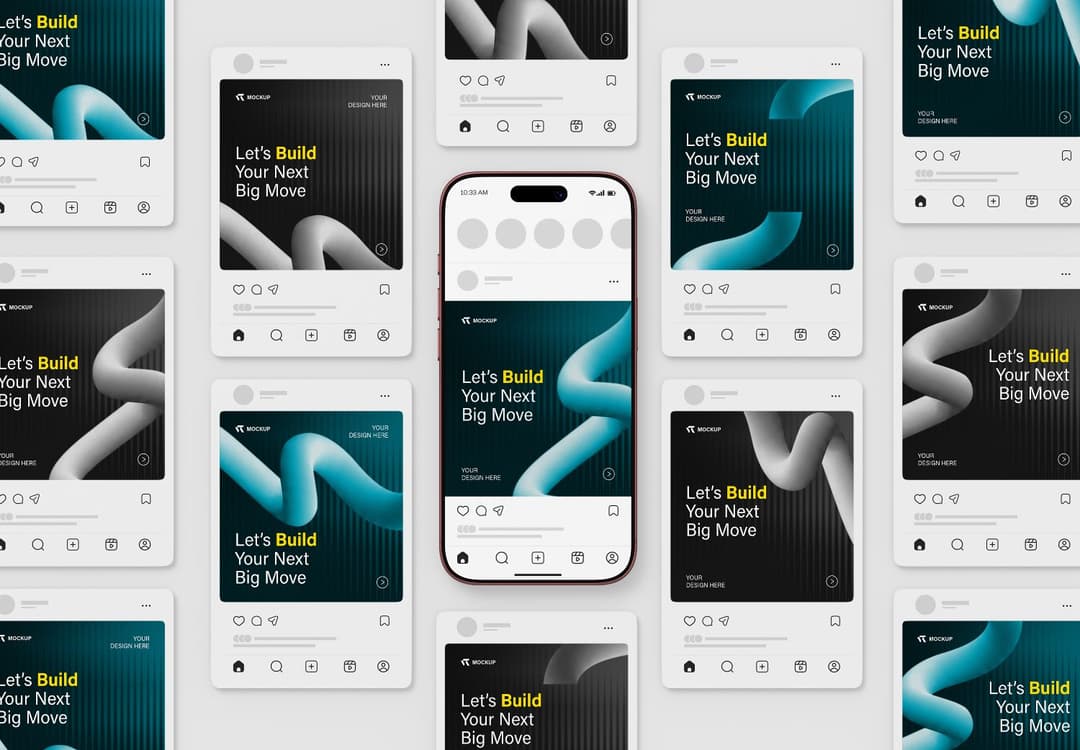 Multi-Post Social Media Mockup with Central Smartphone and Floating Cards