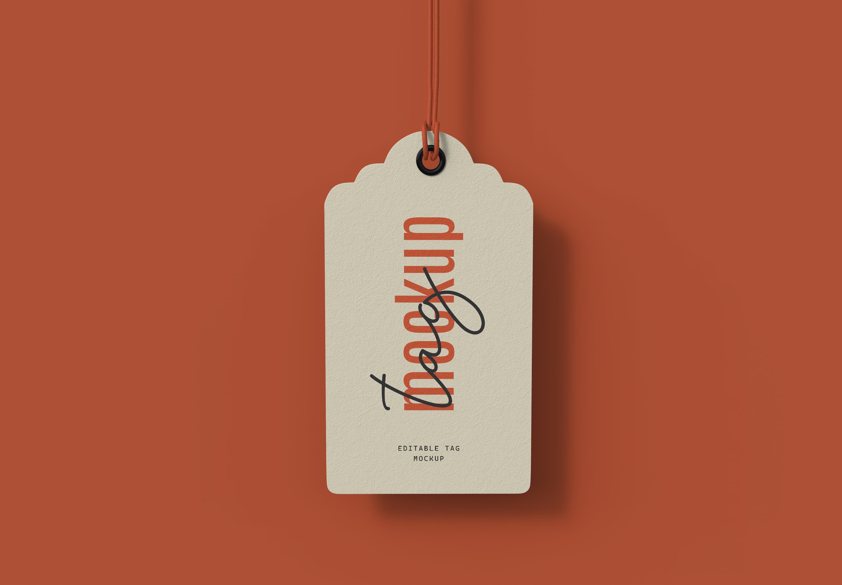 Minimalist Hanging Product Tag Mockup – Rust Background