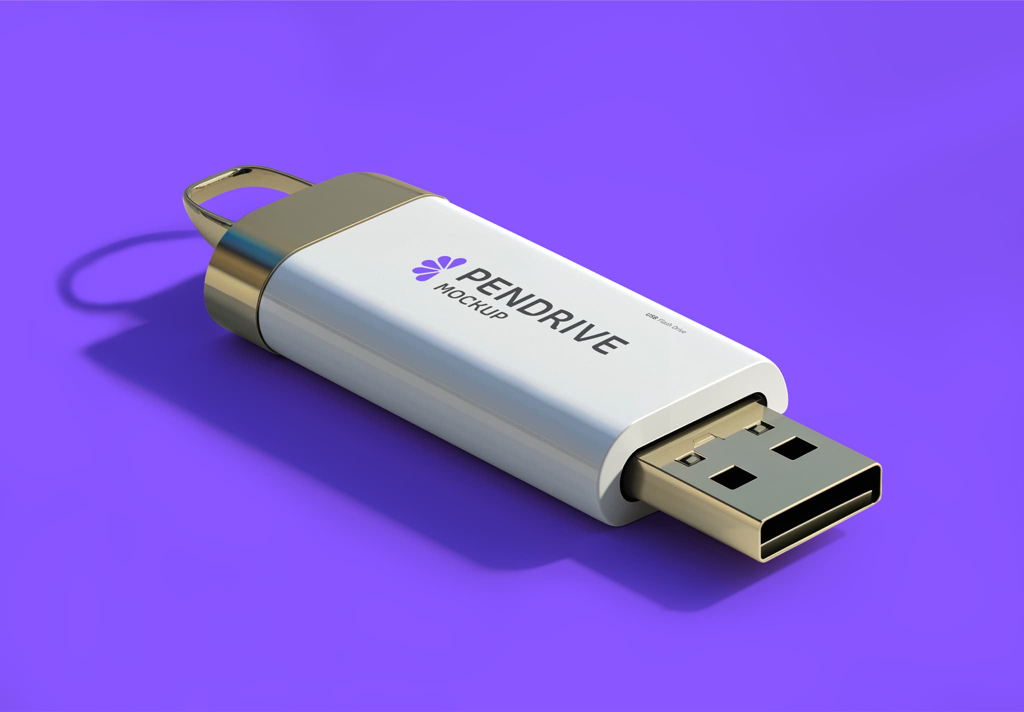 Pendrive Mockup – Sleek White & Gold USB Drive on Purple Background