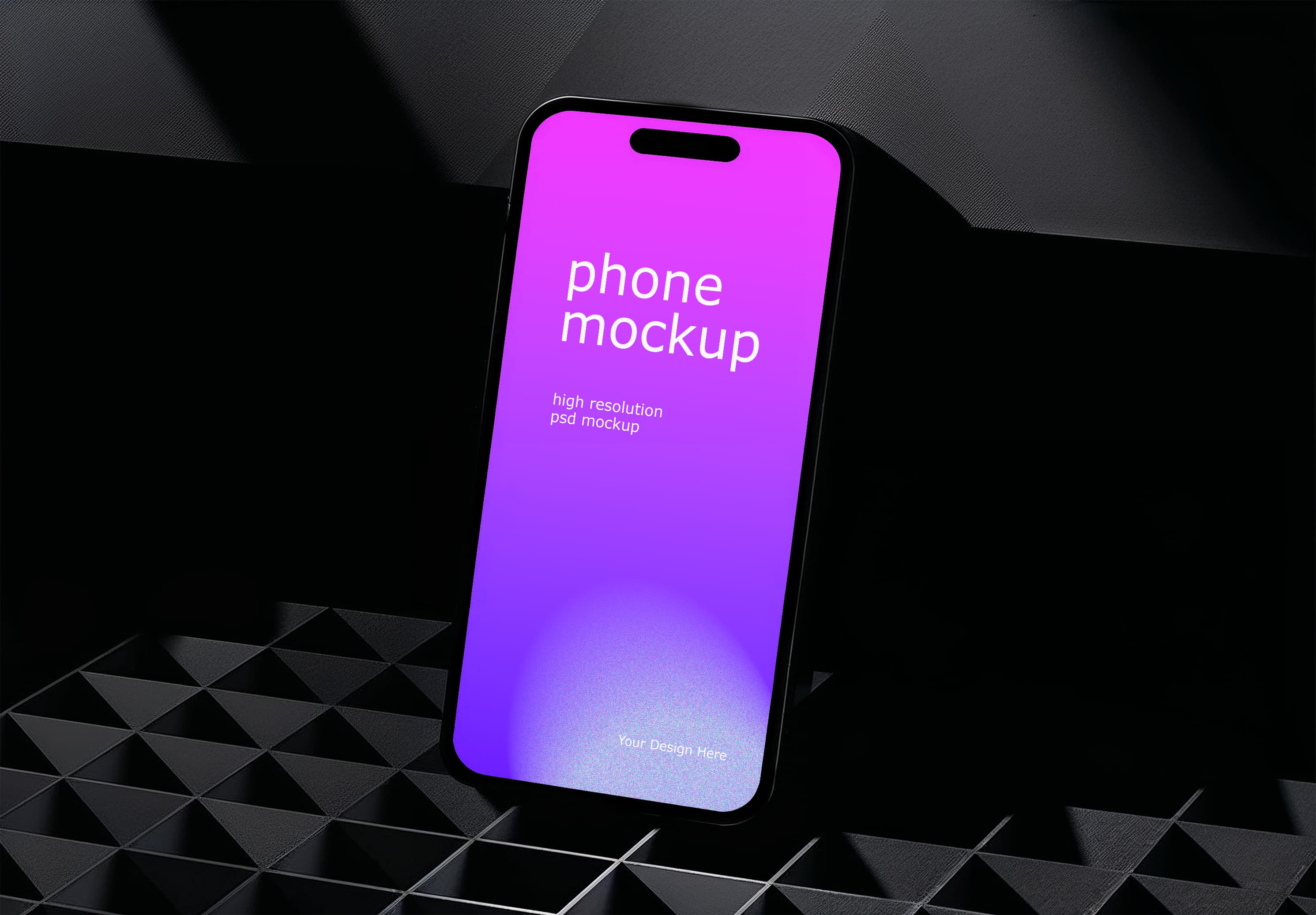 Phone Mockup – Purple Gradient on Dark Geometric Base