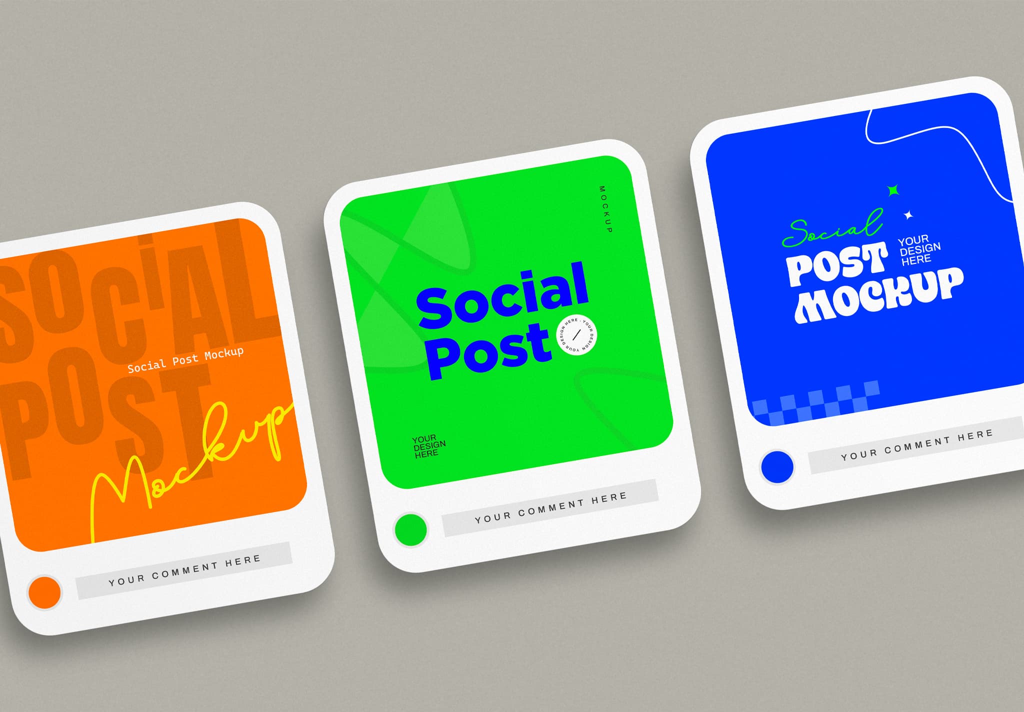 Social Post Card Mockup Trio – Bold Color Blocks with Comment Bar