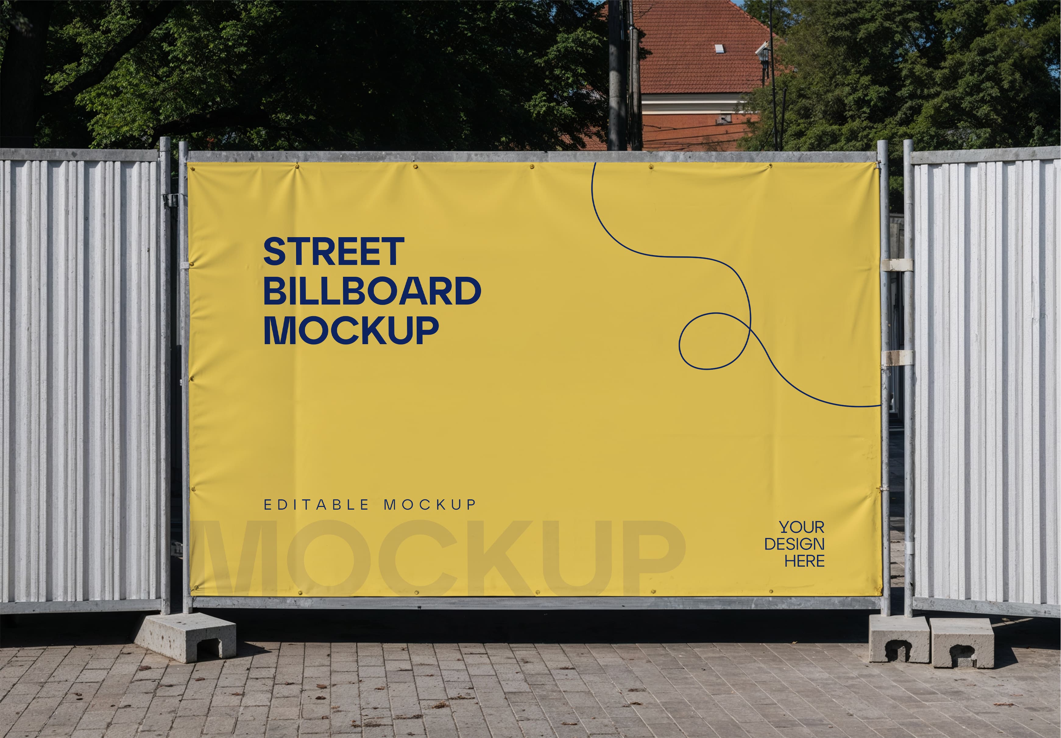 Street Billboard Mockup – Yellow Fabric Banner on Construction Fence
