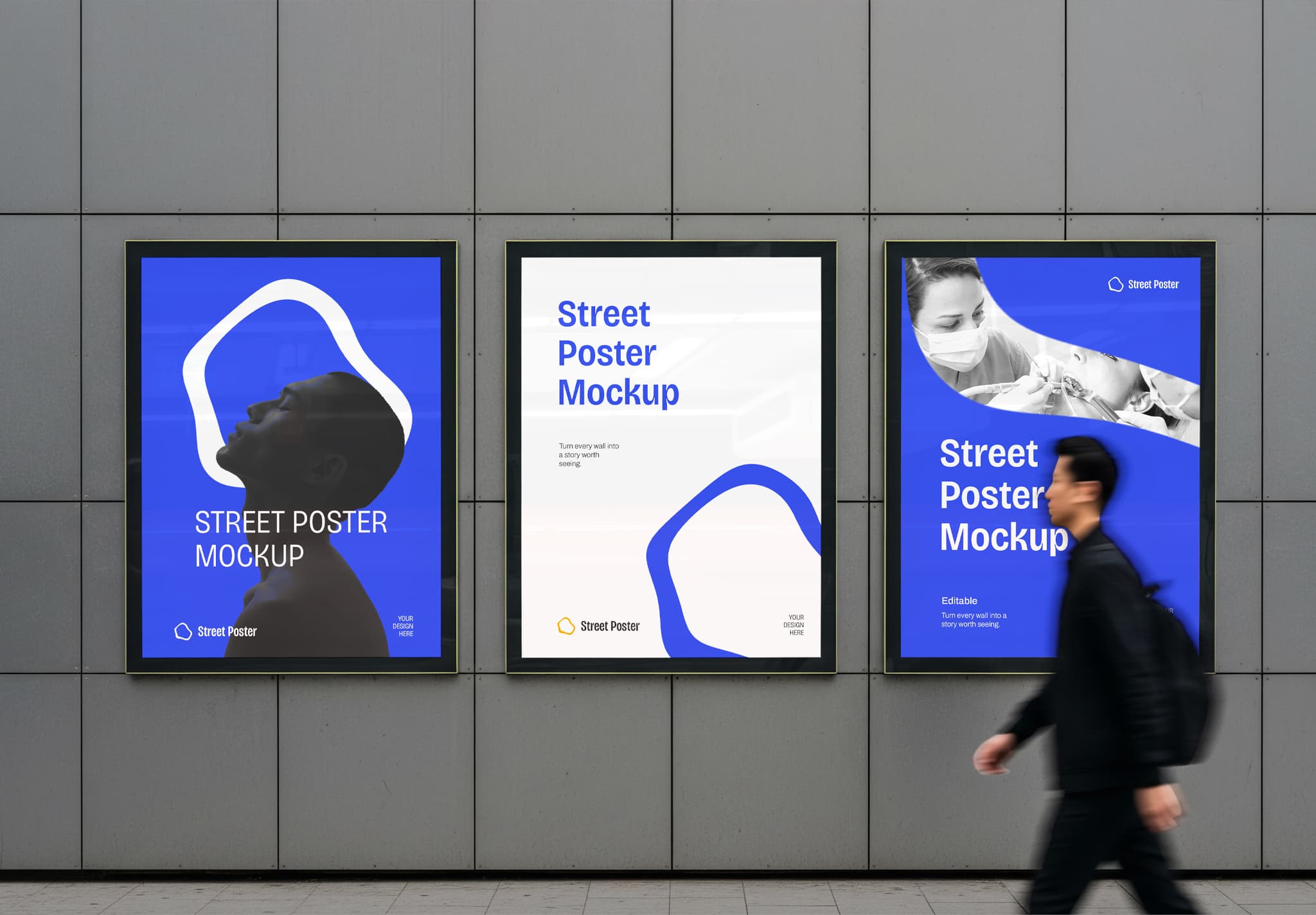 Street Poster Mockup with Blue and White Theme on Gray Wall