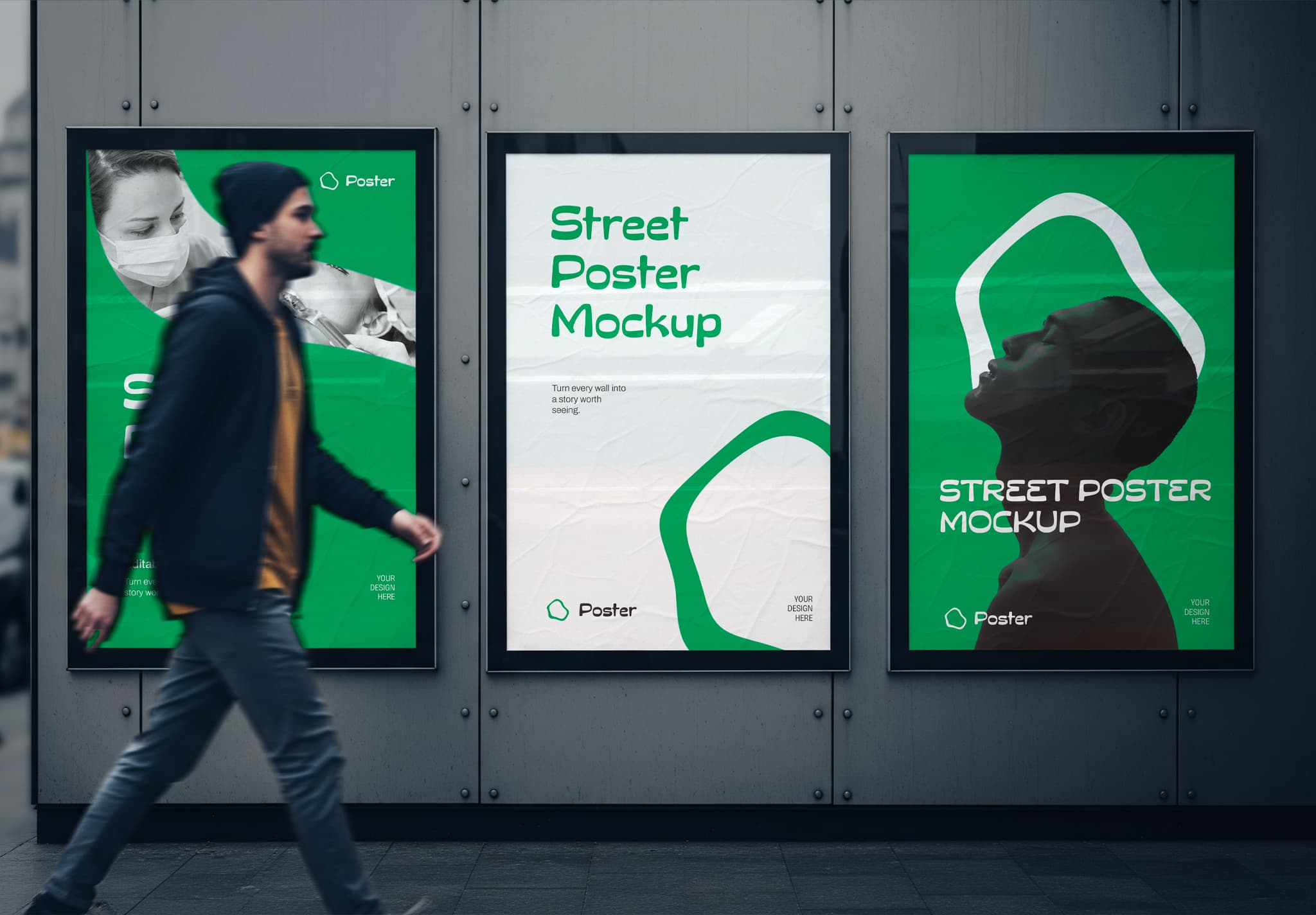 Street Poster Mockup on Urban Wall with Pedestrian