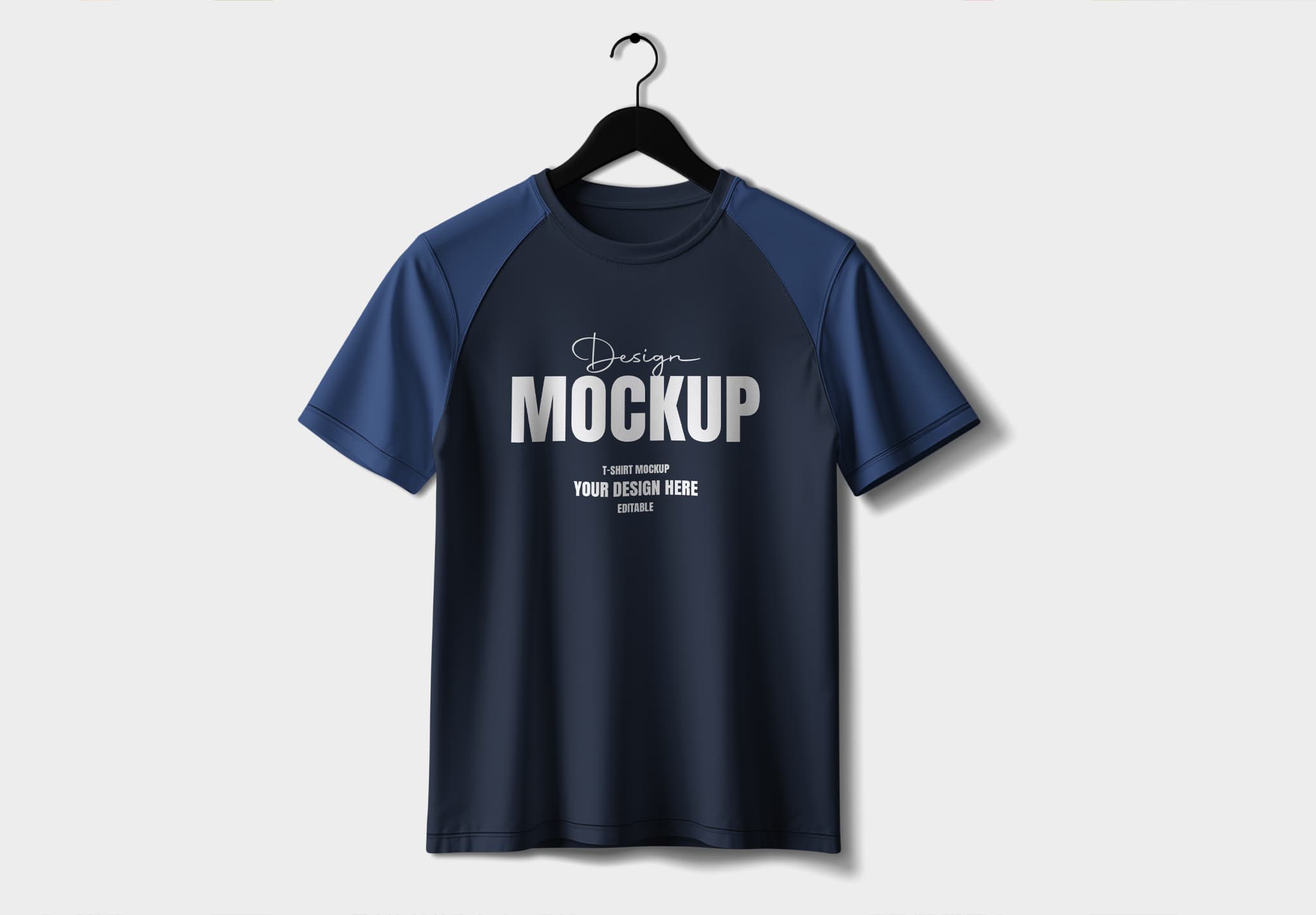 T-Shirt Mockup – Navy Blue Raglan Design on Hanger