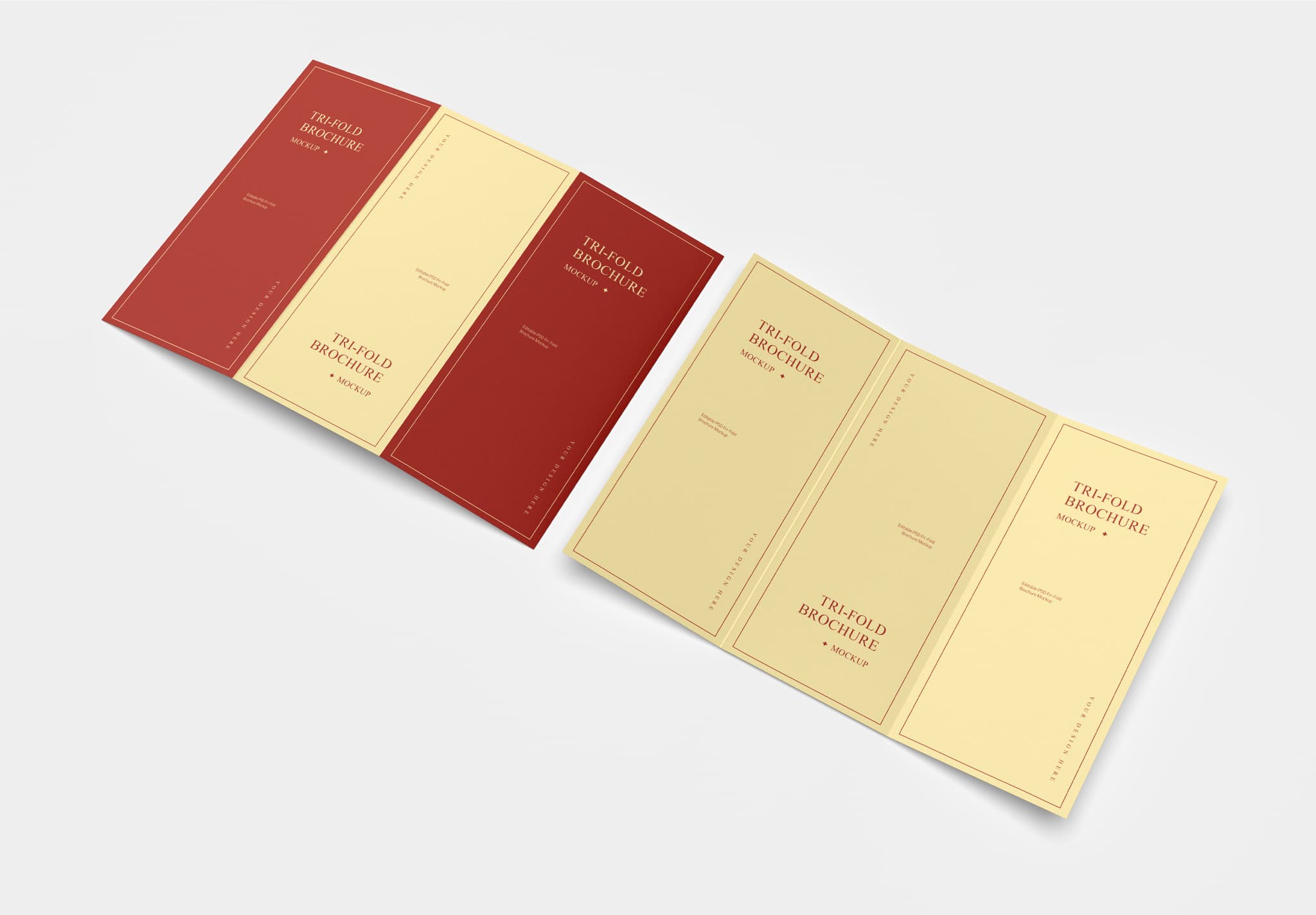Tri-Fold Brochure Mockup Template – Editable PSD, High Quality Red & Cream Design for Business, Real Estate & Event Marketing