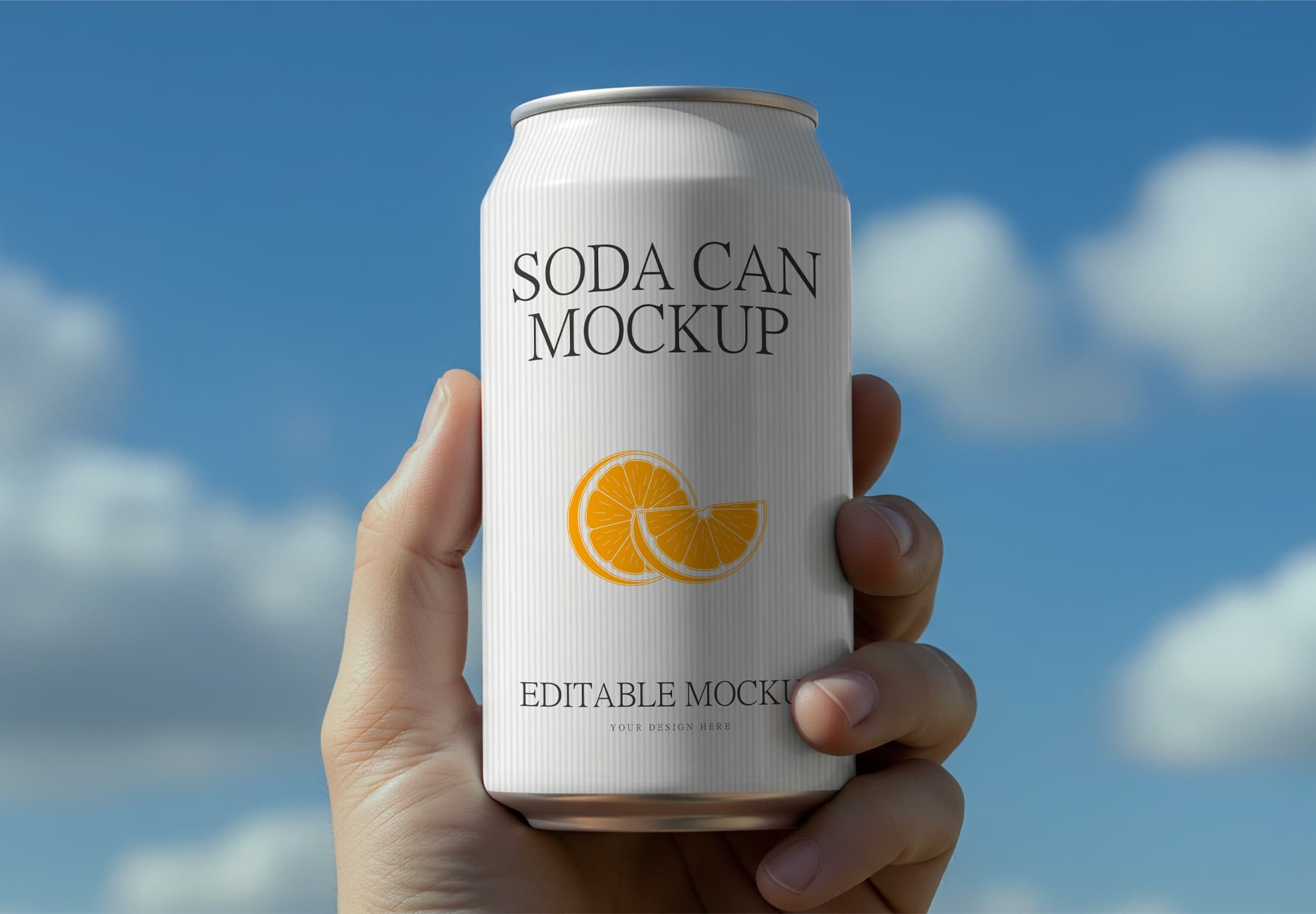 White Soda Can Mockup with Orange Lemon Slice Held in Hand