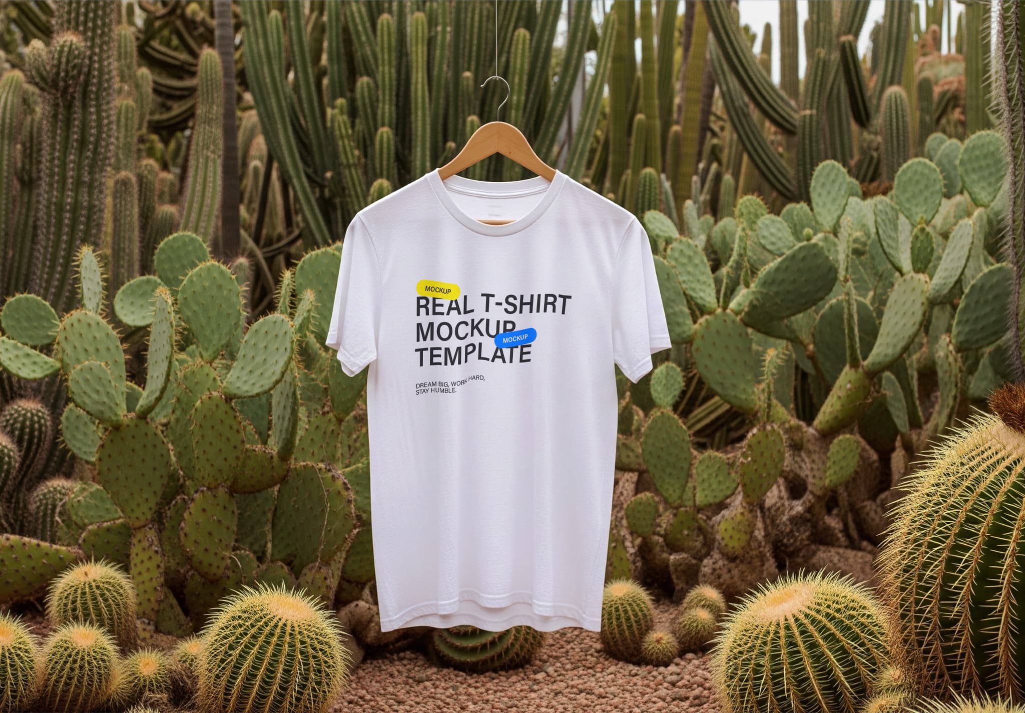 White T-Shirt Mockup on Wooden Hanger with Cactus Background