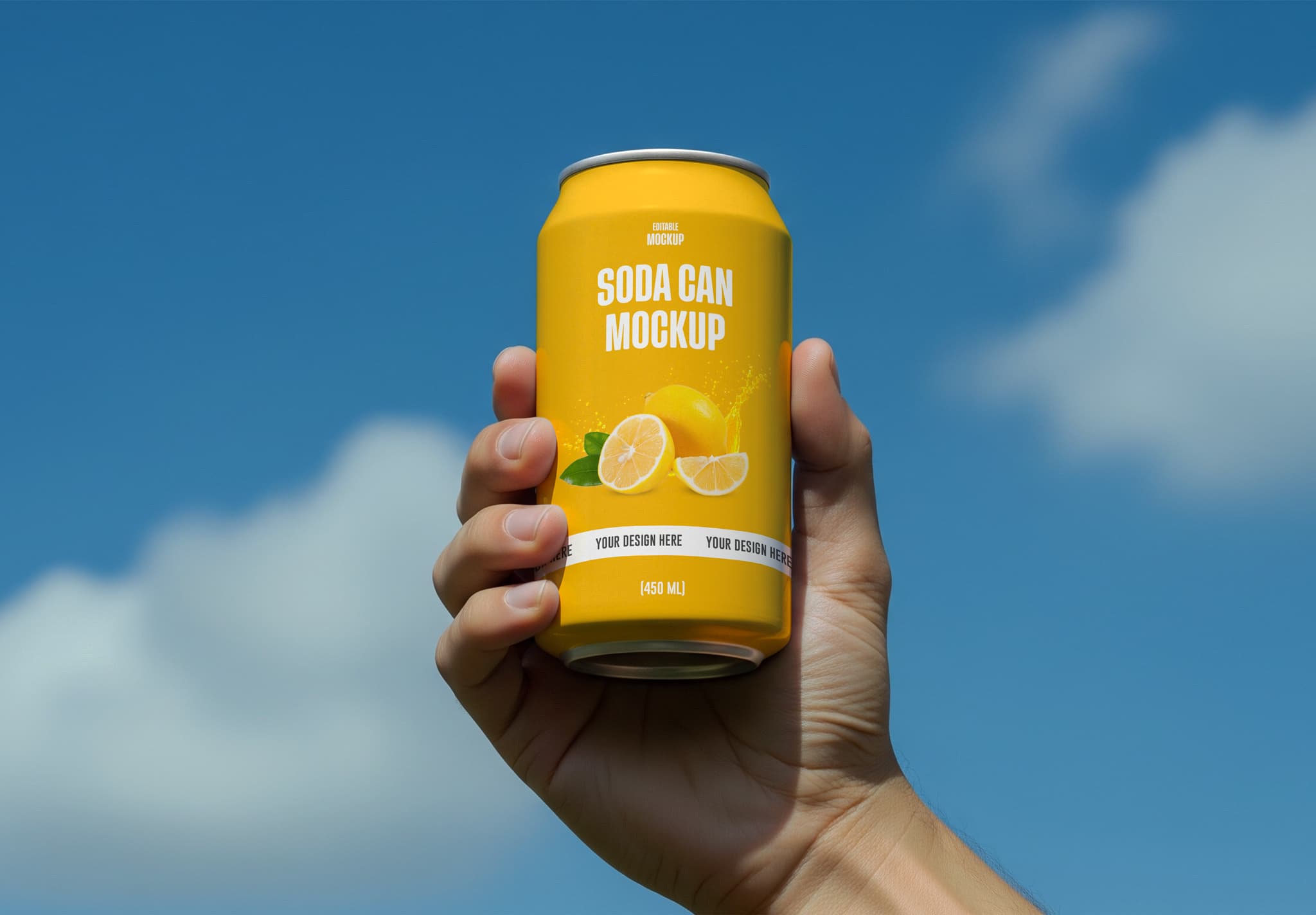 Yellow Soda Can Mockup with Lemon Design Held in Hand