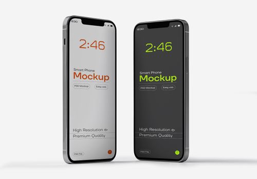iPhone 13 Pro Dual Mockup – Orange & Lime Green Screens on Clean White Background