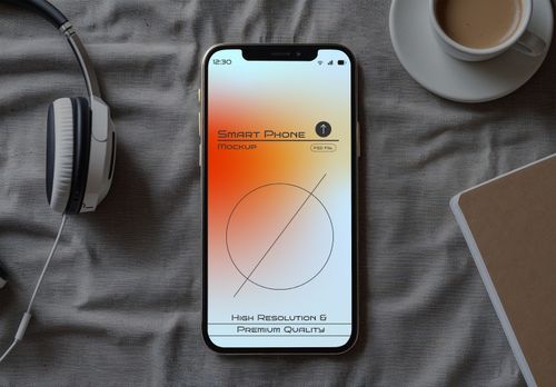 Lifestyle iPhone 15 Mockup – Gradient Screen with Headphones & Coffee