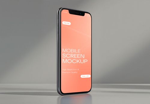 Standing iPhone 13 Pro Mockup – Soft Coral Screen on Minimalist Studio Background