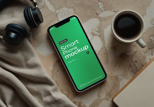 Rustic Flat Lay iPhone 15 Pro Mockup – Green Screen with Headphones & Coffee
