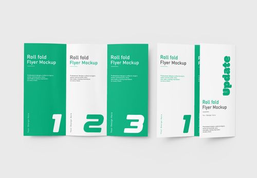 Green & White Roll Fold Flyer Mockup Set with Panel Numbering