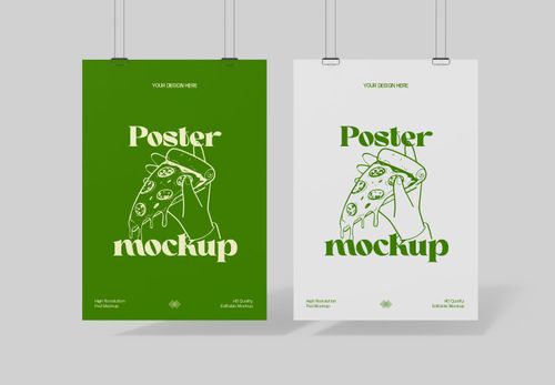 Green & White Poster Mockup Set with Pizza Illustration