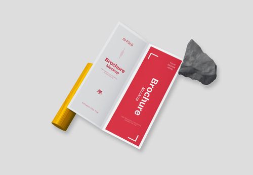 Bi-Fold Brochure Mockup with Wooden & Stone Accents | Premium Design Template