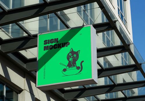 Hanging Sign Mockup - Modern Building Exterior for Branding & Advertising