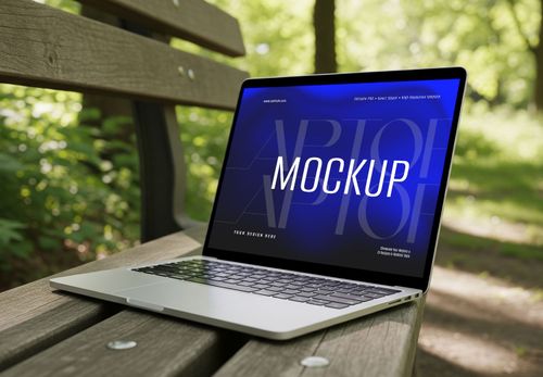 Laptop Mockup on Park Bench - Outdoor Presentation for Website & UI Design