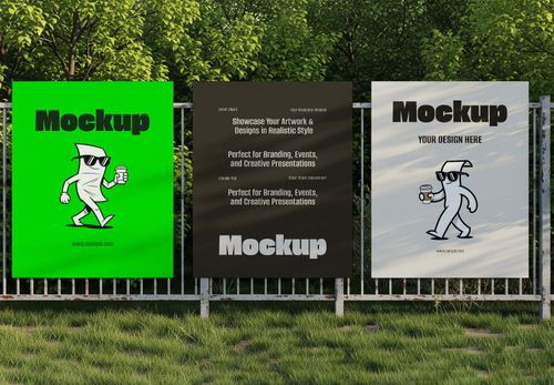 Triple Poster Mockup on Fence - Outdoor Presentation for Branding & Events
