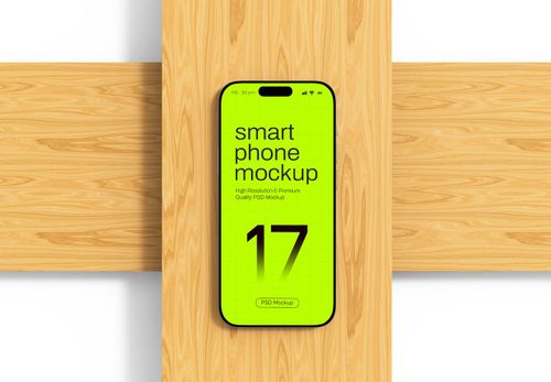 iPhone 17 Mockup on Wooden Surface | Neon Green Grid Design Template
