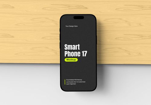 iPhone 17 Mockup on Wood Table | Clean Black Screen Design Template