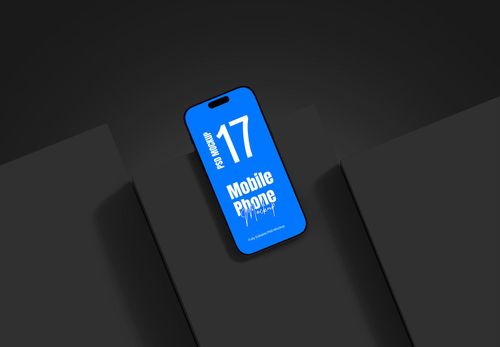 iPhone 17 Mockup on Dark Geometric Blocks | Blue Screen PSD Template