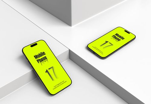 Dual iPhone 17 Mockup with Neon Green Screens | Minimalist Studio Template