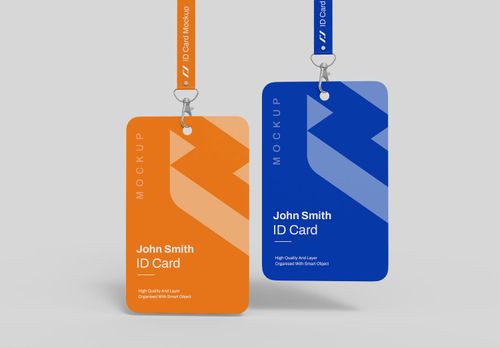 Dual ID Card Mockup with Lanyards | Blue & Orange Badge Design Template