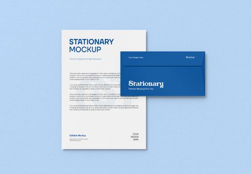 Minimalist Stationary Mockup | Letterhead & Blue Envelope on Textured Background