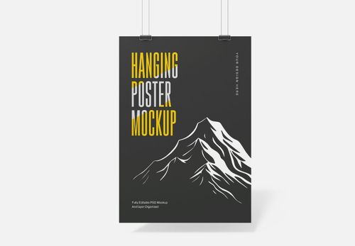 Hanging Poster Mockup with Mountain Design | Minimalist Wall Display Template